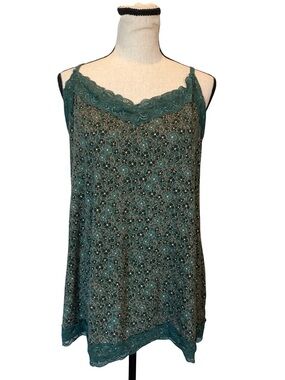 Lane Bryant Lace Trim Camisole 14/16 Green Floral Plus Size Tank Top